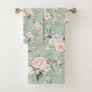 Elegant Blush Pink Eucalyptus Sage Green Bath Towel Set