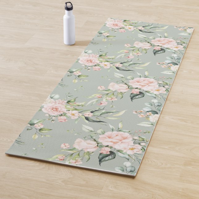 Elegant Blush Pink Eucalyptus Sage Green Yoga Mat (In Situ)