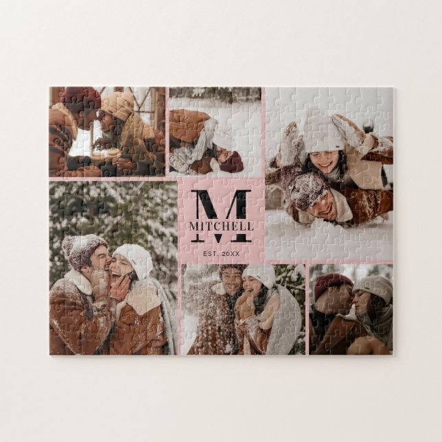 Elegant Blush Pink Family 6 Photo Collage Keepsake Jigsaw Puzzle (Horizontal)