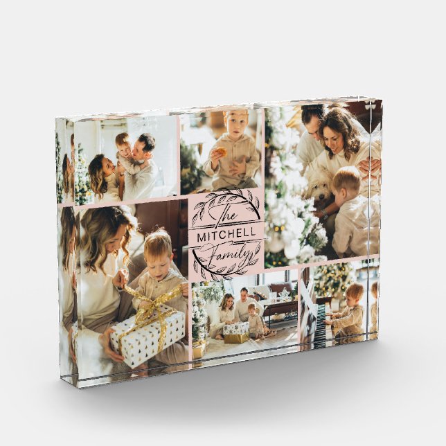 Elegant Blush Pink Family Photo Collage Keepsake Block (Left)