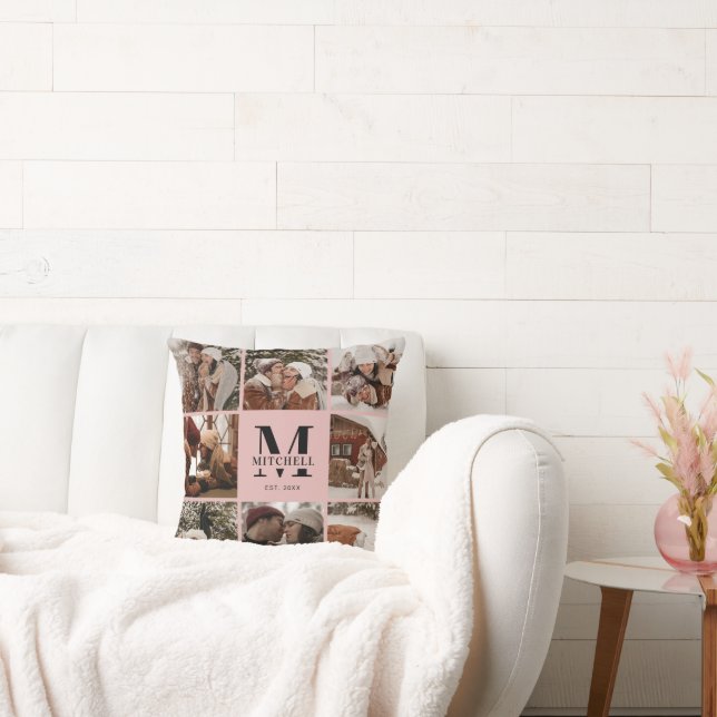 Elegant Blush Pink Family Photo Collage Monogram Cushion (Couch)