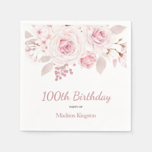 Elegant Blush Pink Floral 100th Birthday Party Napkin