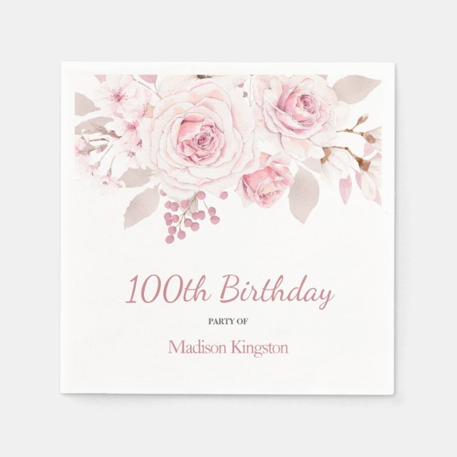 Elegant Blush Pink Floral 100th Birthday Party Napkin (Front)