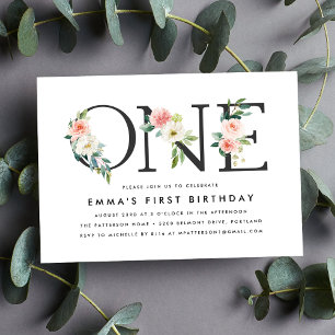 Elegant Blush Pink Floral 1st Birthday Party Invitation