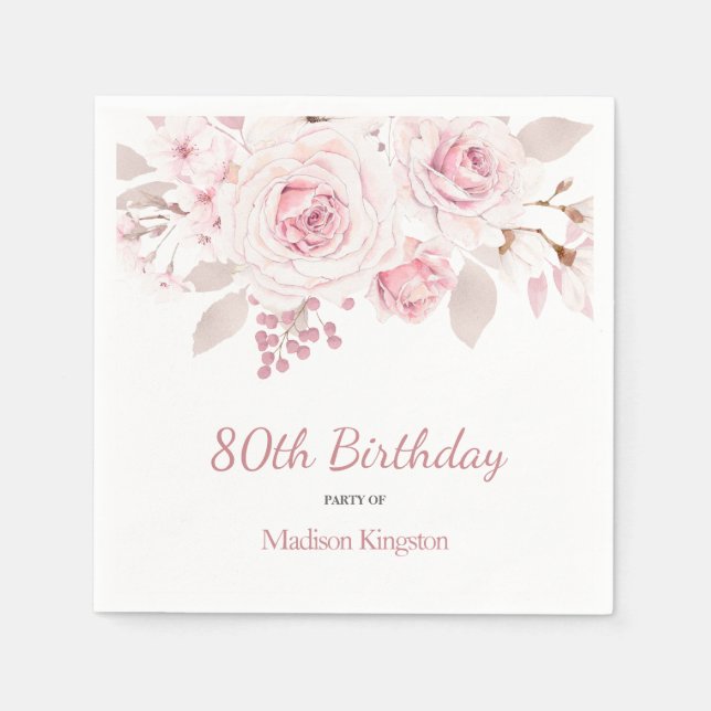 Elegant Blush Pink Floral 80th Birthday Party Napkin (Front)