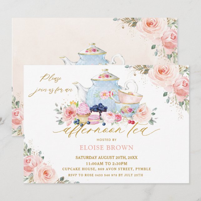 Elegant Blush Pink Floral Afternoon Tea Party Invitation (Front/Back)