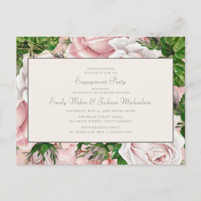 Elegant Blush Pink Floral and Cream Engagement Postcard (Front)