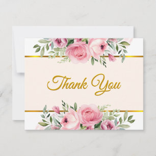 Elegant Blush Pink Floral and Gold Trim Thank Card