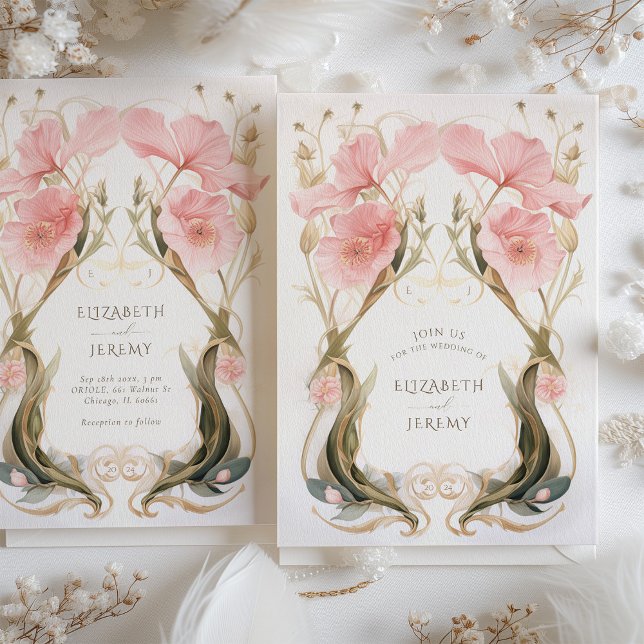 Elegant Blush & Pink Floral Art Nouveau Wedding Invitation (Creator Uploaded)
