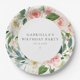 Elegant Blush Pink Floral Birthday Party Paper Plate
