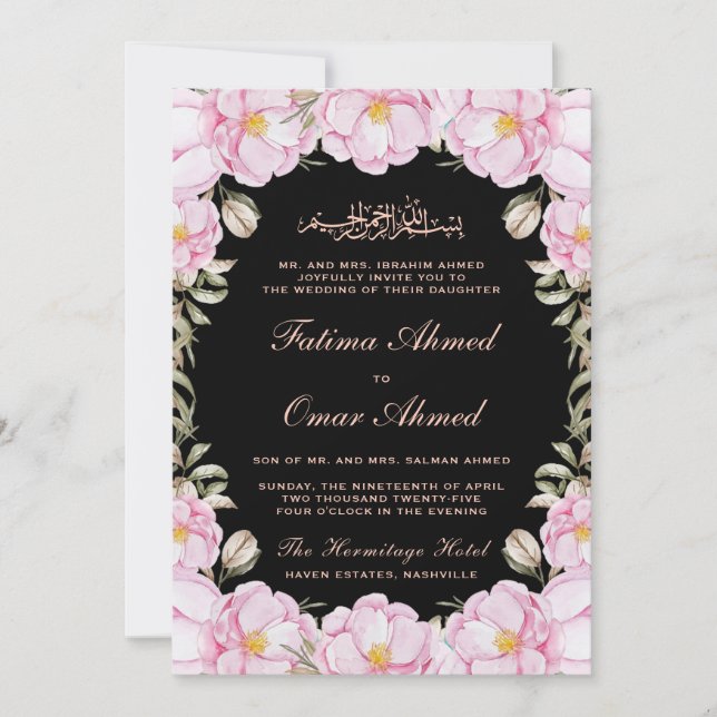 Elegant Blush Pink Floral Black Muslim Wedding Invitation (Front)