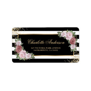 Elegant Blush Pink Floral Black White Gold Label