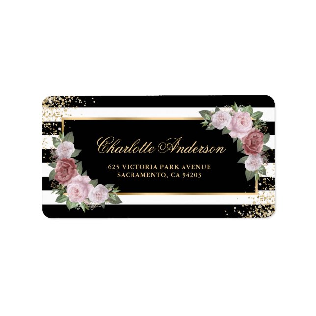 Elegant Blush Pink Floral Black White Gold Label (Front)