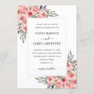 Elegant Blush Pink Floral Bloom Watercolor Wedding Invitation