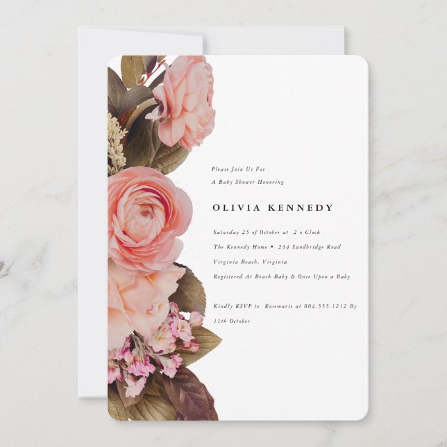  Elegant Blush Pink Floral Blooms Baby Shower  Invitation (Front)