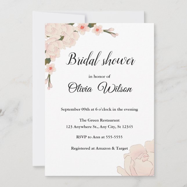 Elegant Blush Pink Floral Blossom Bridal Shower Invitation (Front)