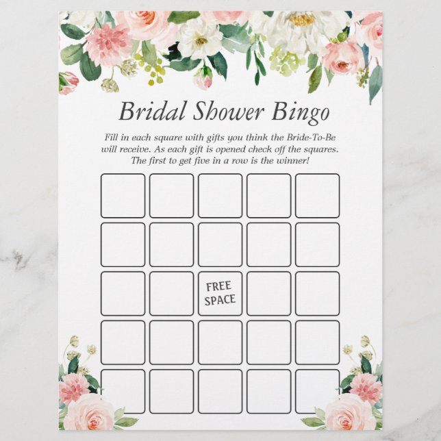 Elegant Blush Pink Floral Bridal Shower Bingo Game Flyer (Front)