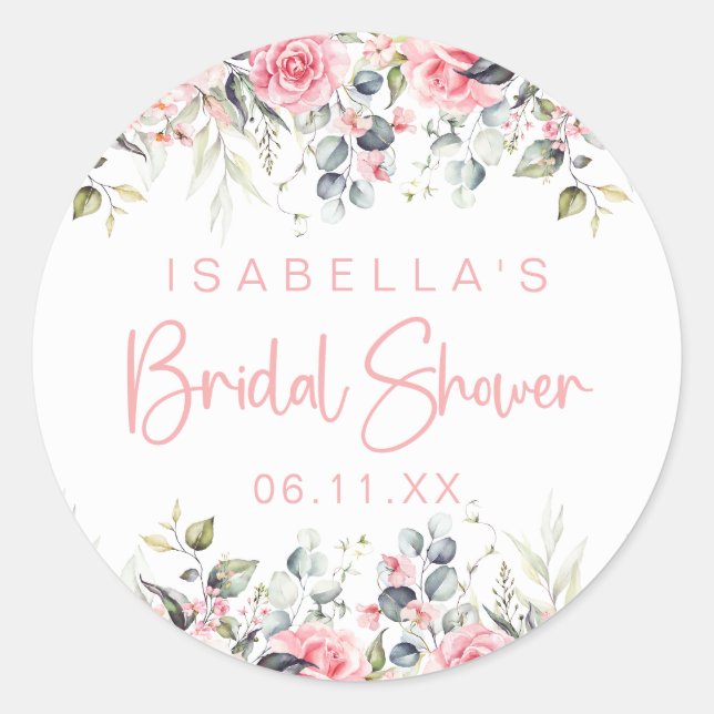 Elegant Blush Pink Floral Bridal Shower Classic Round Sticker (Front)