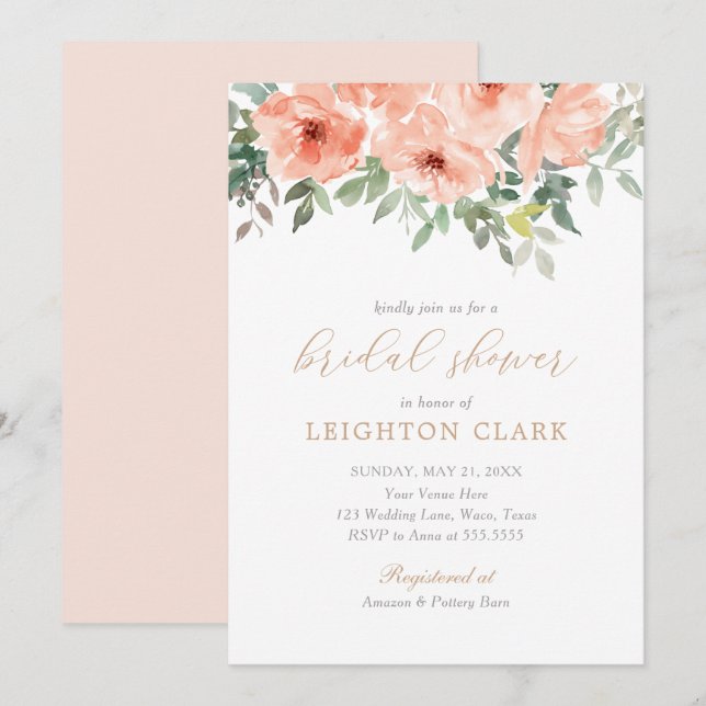 Elegant Blush Pink Floral Bridal Shower Invitation (Front/Back)