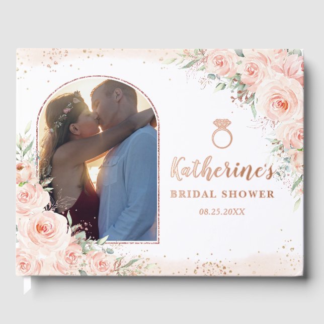 Elegant Blush Pink Floral Bridal Shower Photo Guest Book (Front)