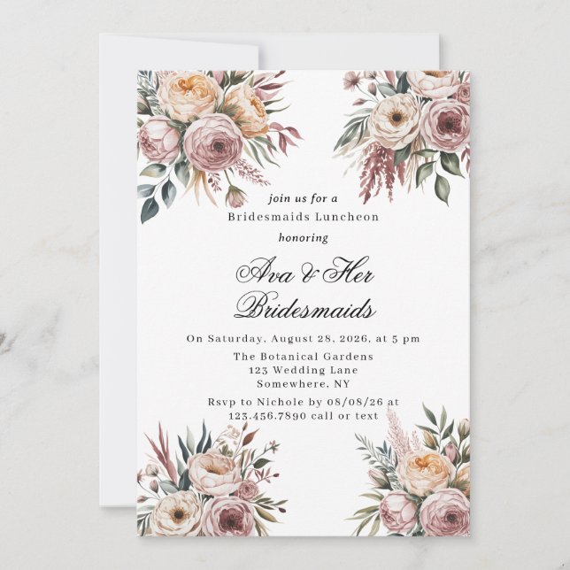Elegant Blush Pink Floral Bridesmaids Luncheon Invitation (Front)