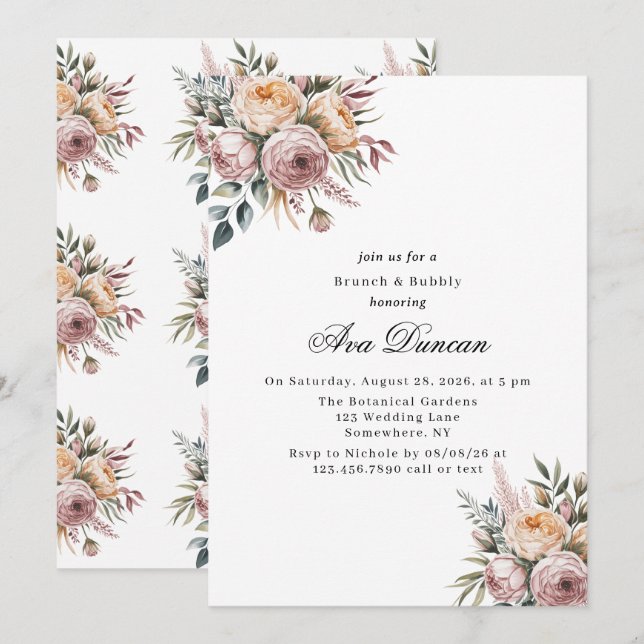 Elegant Blush Pink Floral Brunch and Bubbly Invitation (Front/Back)
