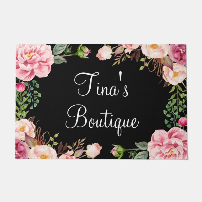 Elegant Blush Pink Floral Business Welcome Doormat (Front)
