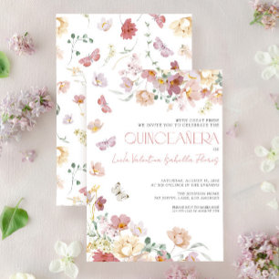Elegant Blush Pink Floral Butterfly Quinceañera Invitation