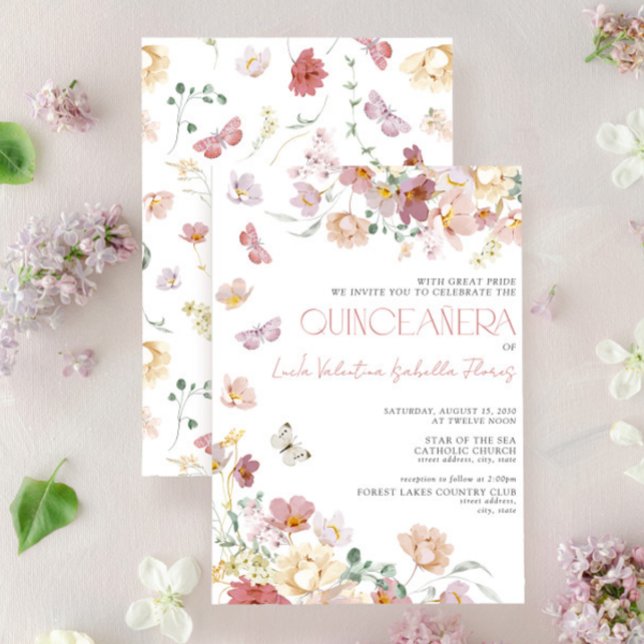 Elegant Blush Pink Floral Butterfly Quinceanera Invitation (Creator Uploaded)