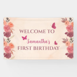 Elegant Blush Pink Floral Butterrfly 1st Birthday  Banner