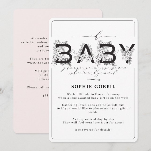 Elegant Blush Pink Floral By Mail Baby Shower Invitation (Front/Back)