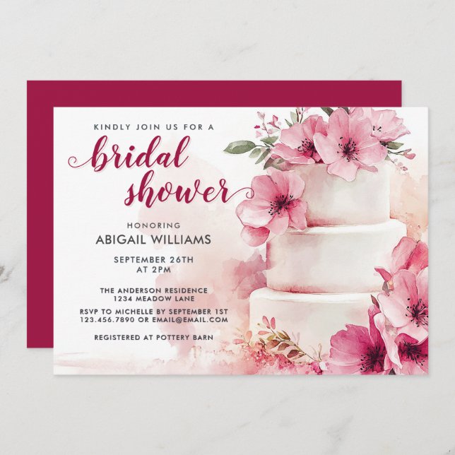 Elegant Blush Pink Floral Cake Bridal Shower  Invitation (Front/Back)