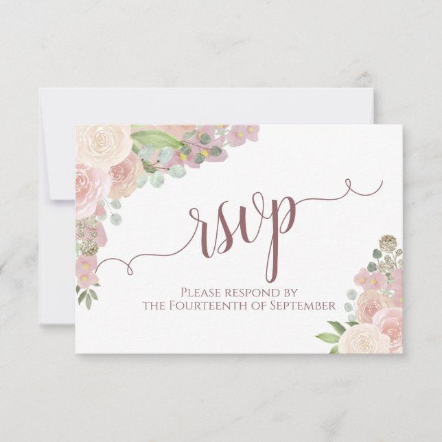 Elegant Blush Pink Floral Calligraphy Wedding RSVP Card (Front)