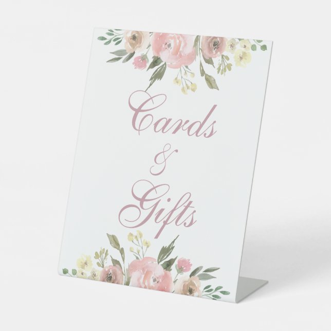 Elegant Blush Pink Floral Cards and Gifts Wedding Pedestal Sign (Front)