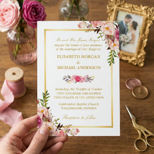 Elegant Blush Pink Floral Chic Gold Wedding Invitation