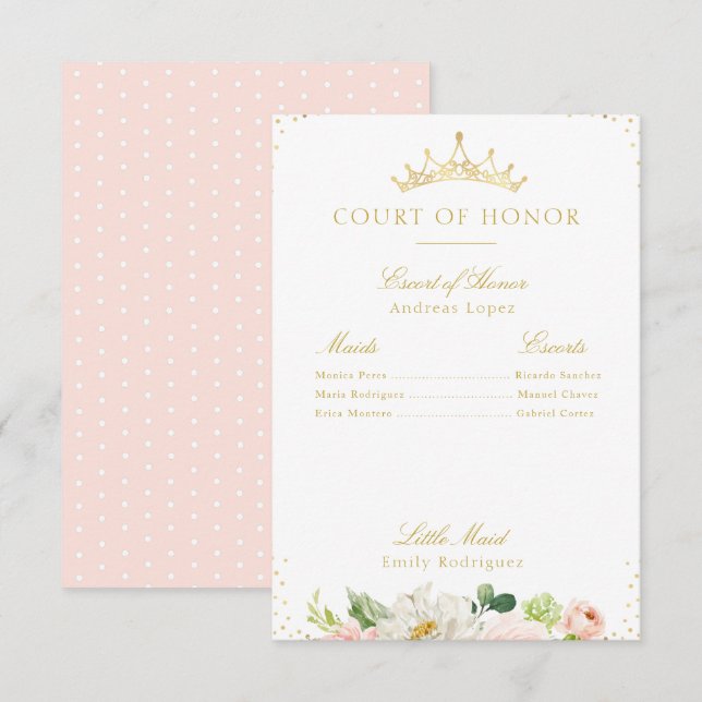 Elegant blush pink floral court of honour card (Front/Back)