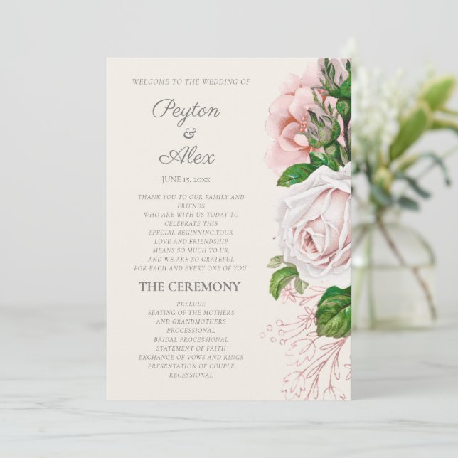 Elegant Blush Pink Floral Cream Wedding Program Programme (Standing Front)