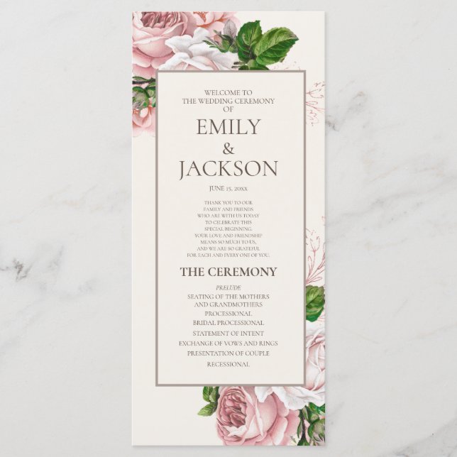 Elegant Blush Pink Floral Cream Wedding Program Programme (Front)