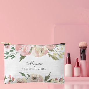 Elegant Blush Pink Floral Custom Flower Girl Accessory Pouch