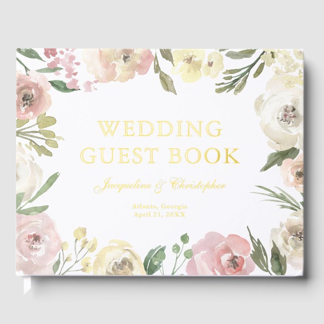 Elegant Blush Pink Floral Custom Gold Foil Wedding Guest Book (Front)