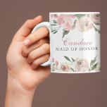 Elegant Blush Pink Floral Custom Maid of Honour Coffee Mug<br><div class="desc">Elegant blush pink and ivory watercolor peony flowers frame the top and bottom of this lovely spring wedding mug for your maid of honour. The sprigs of sage green leaves decorate in the midst of the peach floral peonies that surround your bridal party's personalised name in calligraphy.</div>