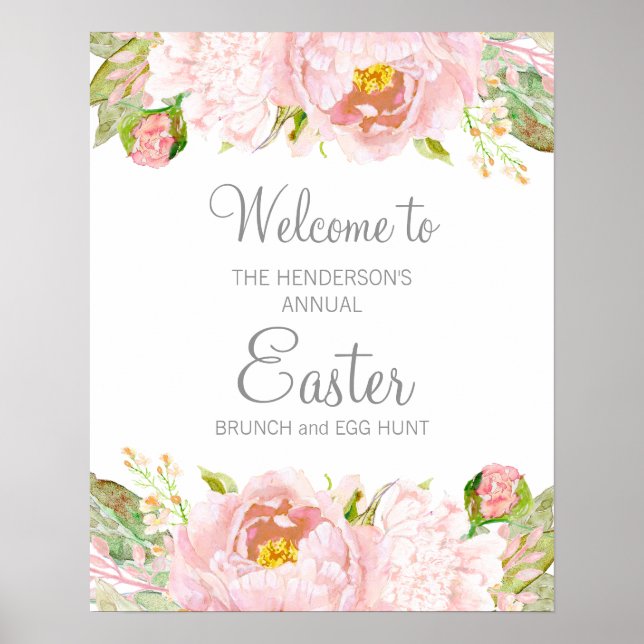 Elegant Blush Pink Floral Easter Brunch Egg Hunt Poster (Front)