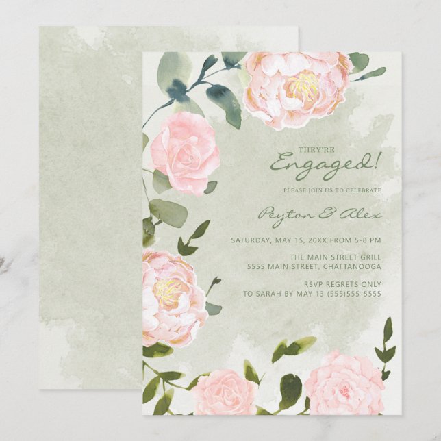 Elegant Blush Pink Floral Engagement Invitation (Front/Back)