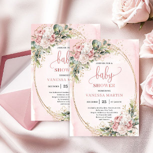 Elegant Blush Pink Floral Eucalyptus Girl Baby  Invitation