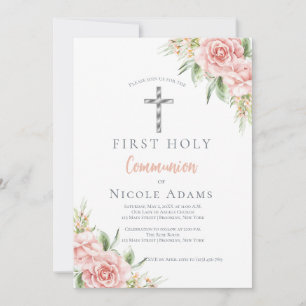Elegant Blush Pink Floral First Holy Communion Invitation