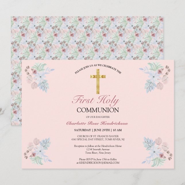 Elegant Blush Pink Floral First Holy Communion Invitation (Front/Back)