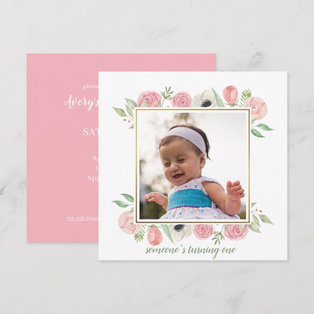 Elegant Blush Pink Floral Frame Baby 1st Birthday Invitation (Front/Back)