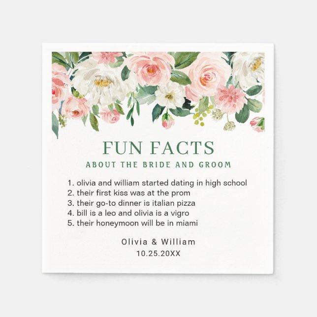 Elegant Blush Pink Floral Fun Facts Wedding Napkin (Front)