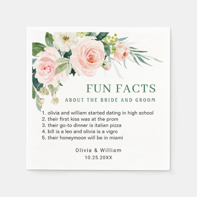 Elegant Blush Pink Floral Fun Facts Wedding Napkin (Front)