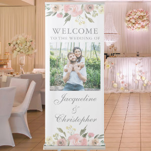 Elegant Blush Pink Floral Garden Wedding Welcome Retractable Banner